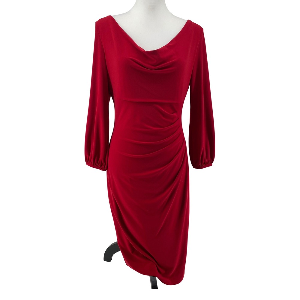 Lauren Ralph‎ Lauren Draped Cowl Neck Dress Womens 8 Red Slimming Cocktail Party